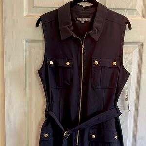 Sharagano Navy Sleeveless Dress with Gold Accents